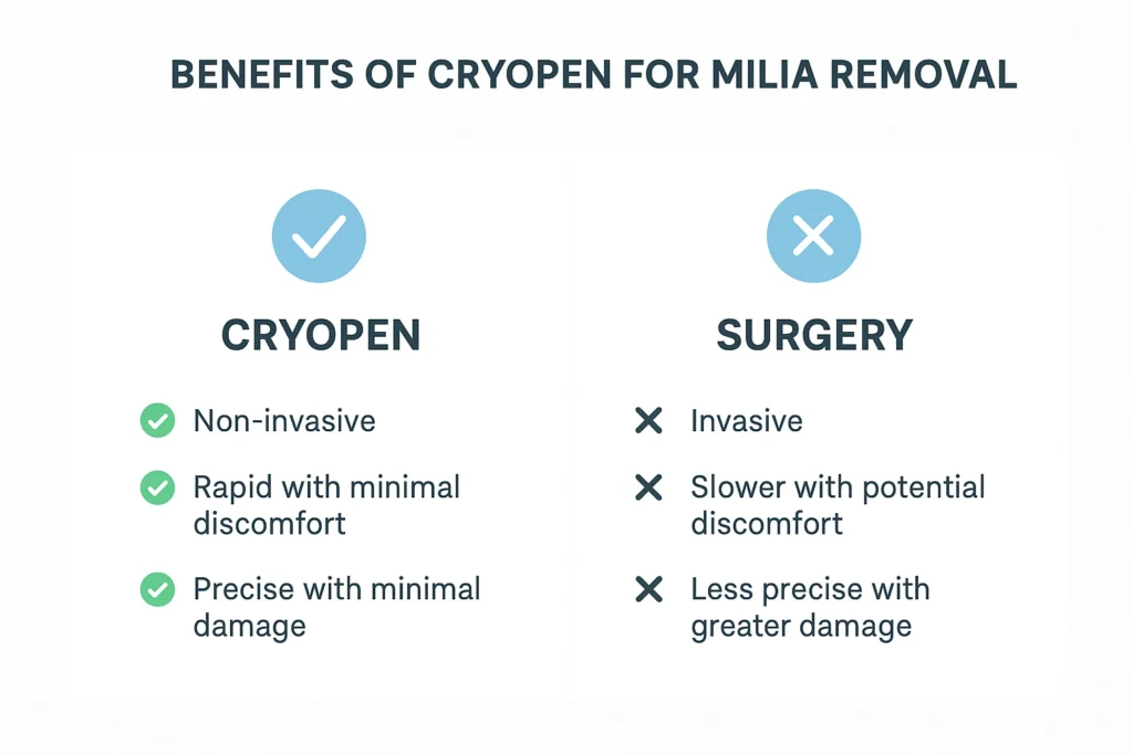 Benefits of cryopen for milia removal Cranleigh compared to surgical treatments.