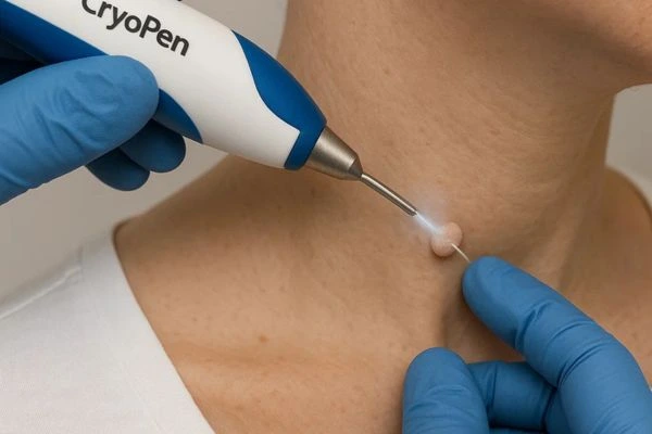 Person receiving cryotherapy Cranleigh for skin tag removal