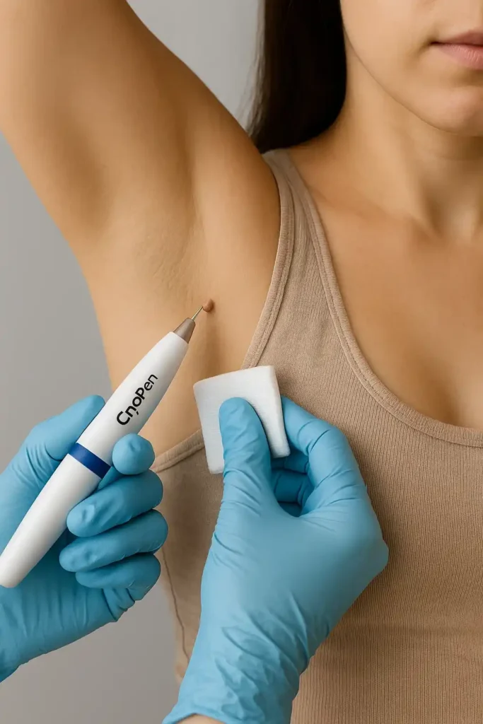 woman having cryopen to remove underarm skin tags Cranleigh