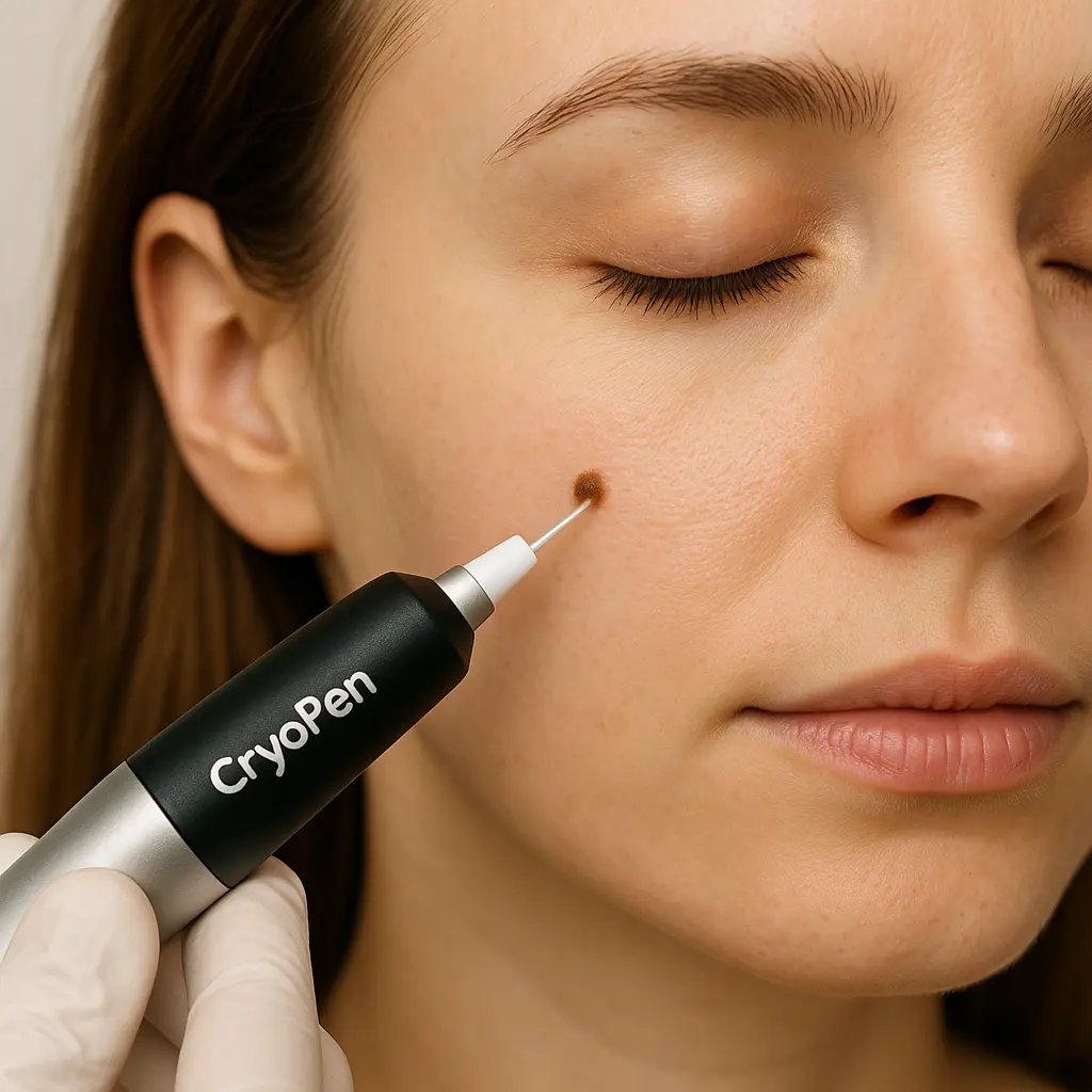 woman receiving facial mole removal Cranleigh using cryopen